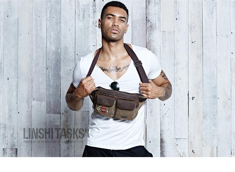 Navy Blue Canvas Leather Fanny Pack Men's Brown Chest Bag Canvas Sling Hip Bag Waist Bag For Men