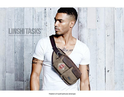 Navy Blue Canvas Leather Fanny Pack Men's Brown Chest Bag Canvas Sling Hip Bag Waist Bag For Men