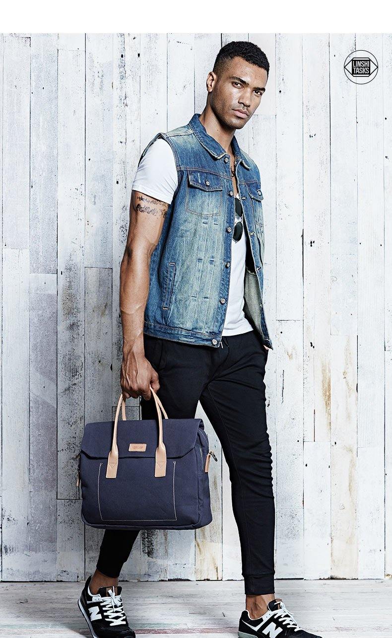 Navy Blue Canvas Leather Mens Briefcase Messenger Bags Khaki Casual Shoulder Bag for Men