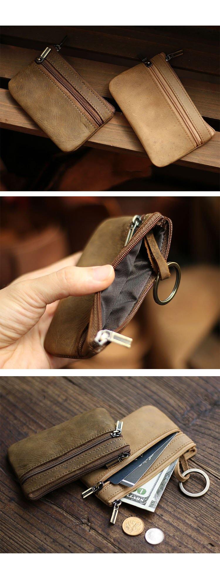 Black Leather Mens billfold Coin Wallet Zipper Small Coin Holder Change Pouch For Men