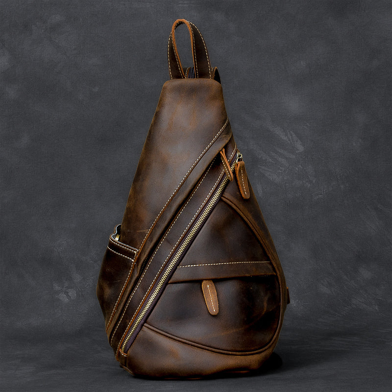 Vintage Leather Mens 16' Backpack Sling Bag Brown Chest Bag One Shoulder Backpack for Men