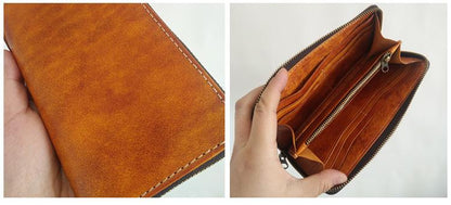 [On Sale] Handmade Mens Long Biker Wallets with Chains Cool Zipper Leather Biker Chain Wallet