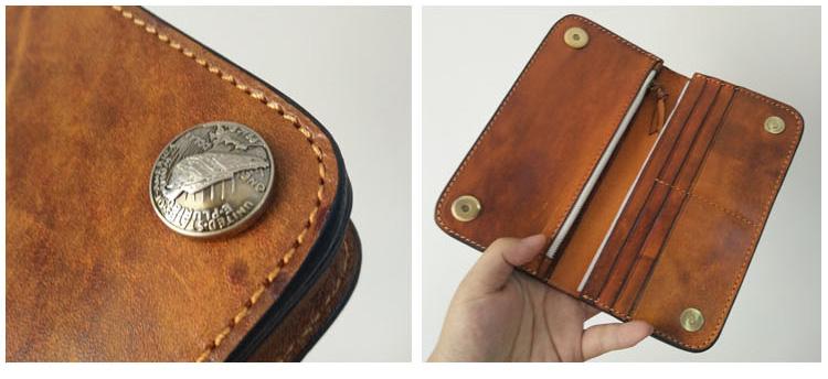 [On Sale] Handmade Mens Long Biker Wallets with Chains Cool Zipper Leather Biker Chain Wallet