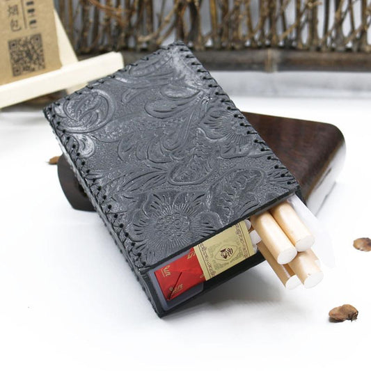 Cool Handmade Leather Mens Floral Engraved Black Cigarette Holder Case for Men