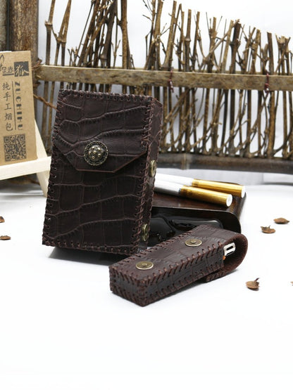 Cool Handmade Leather Mens Coffee Cigarette Holder Case with Lighter holder for Men