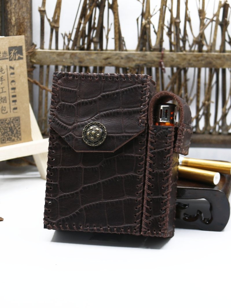 Cool Handmade Leather Mens Coffee Cigarette Holder Case with Lighter holder for Men