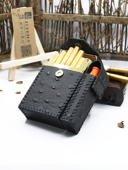 Cool Handmade Leather Mens Black Cigarette Holder Case with Lighter holder for Men