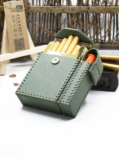 Cool Handmade Leather Mens Green Cigarette Holder Case with Lighter holder for Men