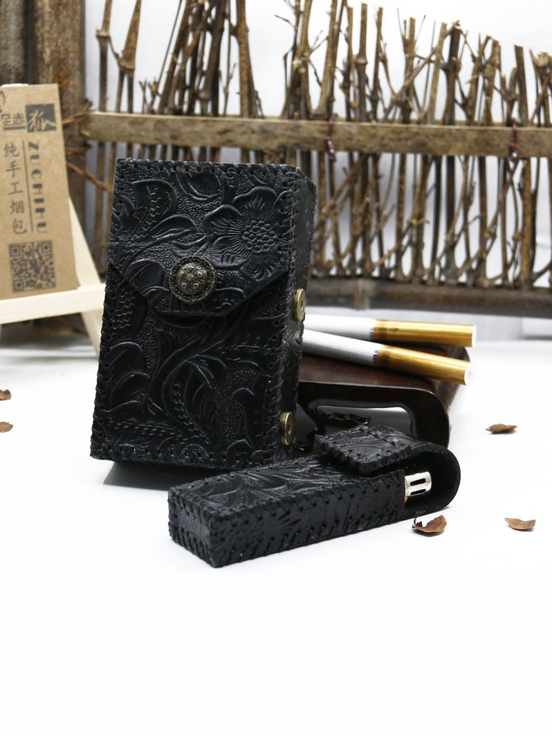 Cool Handmade Leather Mens Engraved Floral Cigarette Holder Case with Lighter holder for Men