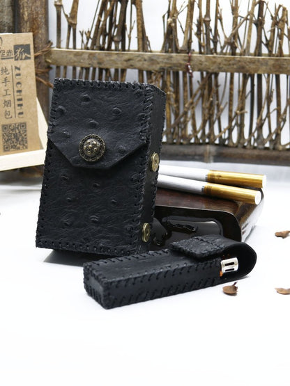 Cool Handmade Leather Mens Black Cigarette Holder Case with Lighter holder for Men