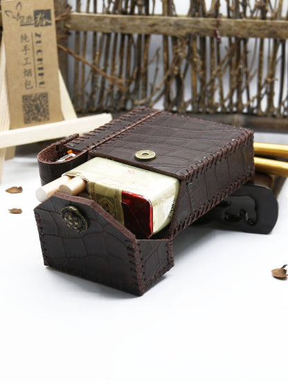 Cool Handmade Leather Mens Coffee Cigarette Holder Case with Lighter holder for Men