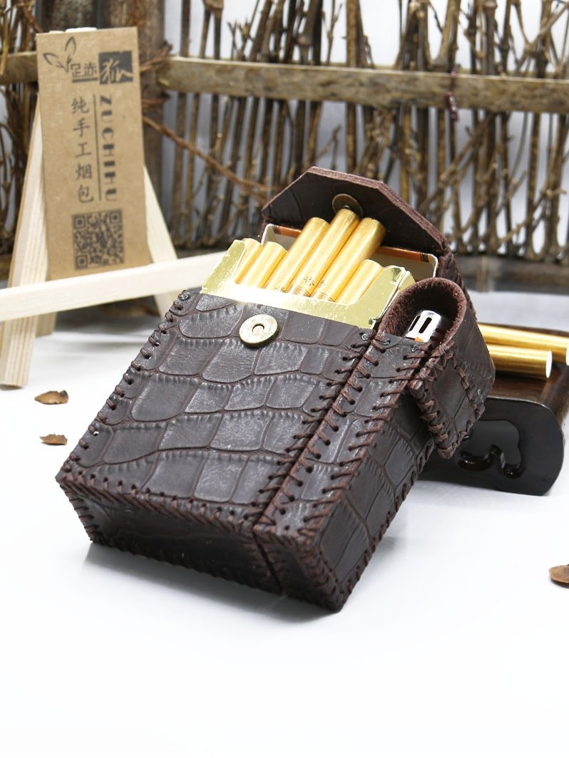 Cool Handmade Leather Mens Coffee Cigarette Holder Case with Lighter holder for Men