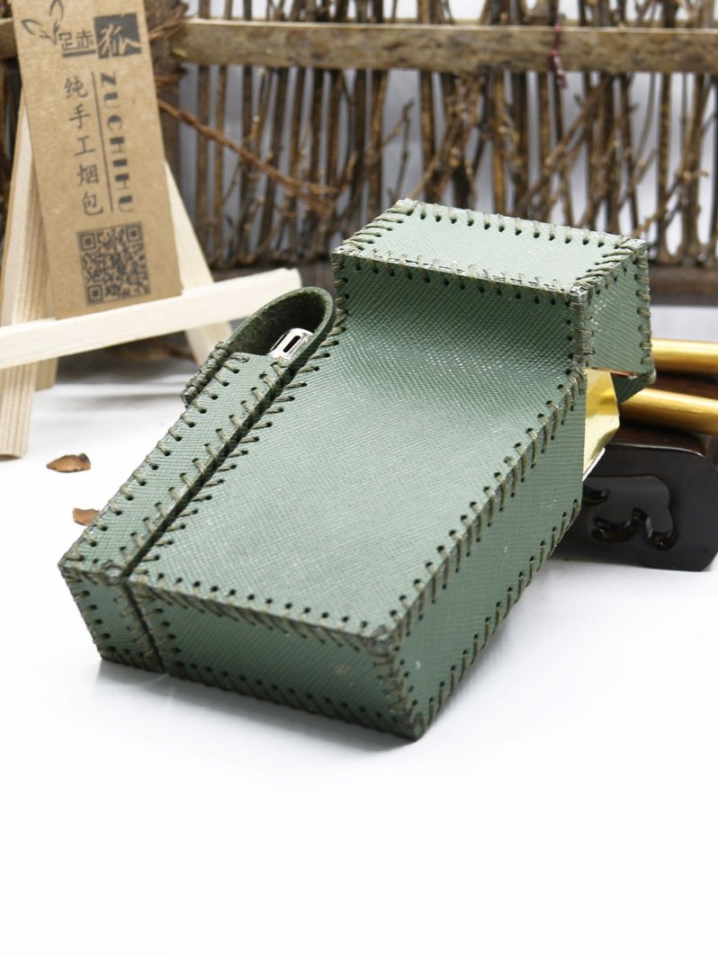 Cool Handmade Leather Mens Green Cigarette Holder Case with Lighter holder for Men