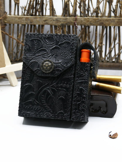 Cool Handmade Leather Mens Engraved Floral Cigarette Holder Case with Lighter holder for Men