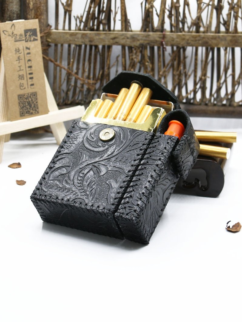 Cool Handmade Leather Mens Engraved Floral Cigarette Holder Case with Lighter holder for Men