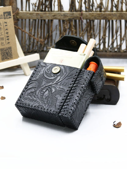 Cool Handmade Leather Mens Engraved Floral Cigarette Holder Case with Lighter holder for Men