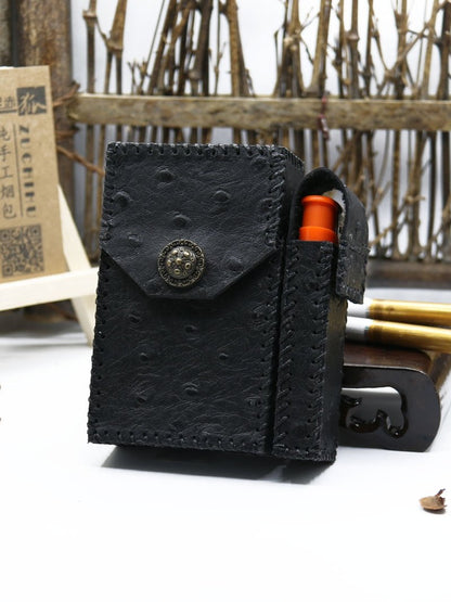 Cool Handmade Leather Mens Black Cigarette Holder Case with Lighter holder for Men