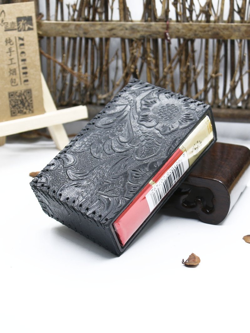 Cool Cigarette Holder Handmade Leather Mens Black Floral Cigarette Holder Cases for Men