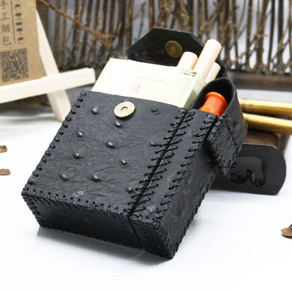 Cool Handmade Leather Mens Black Cigarette Holder Case with Lighter holder for Men