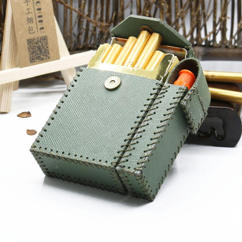 Cool Handmade Leather Mens Green Cigarette Holder Case with Lighter holder for Men