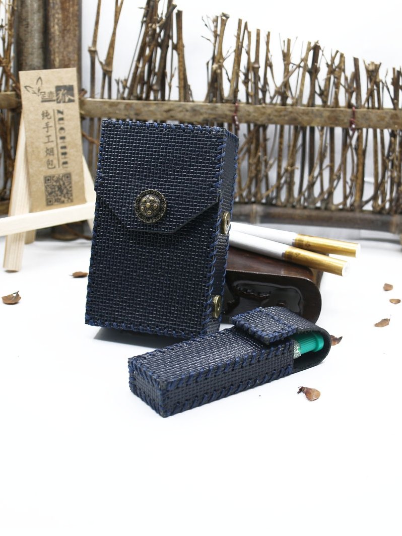 Cool Handmade Leather Mens Dark Blue Cigarette Holder Case with Lighter holder for Men