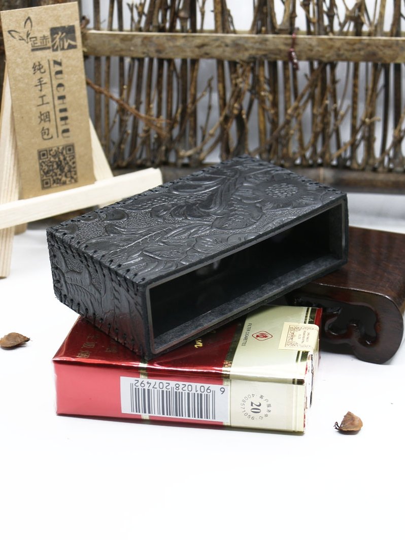 Cool Cigarette Holder Handmade Leather Mens Black Floral Cigarette Holder Cases for Men