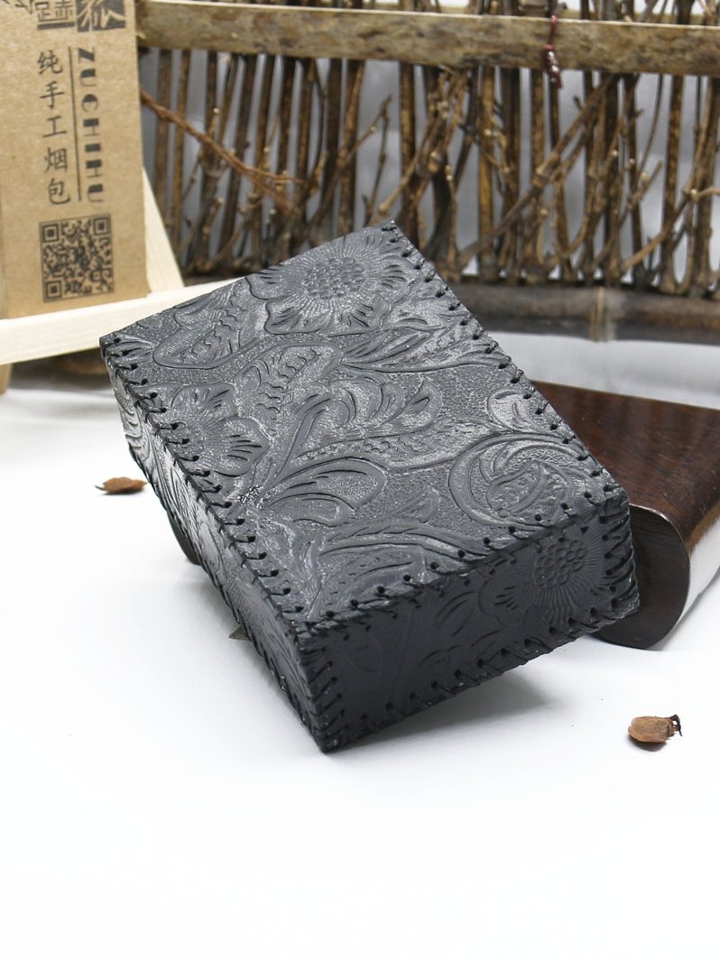 Cool Handmade Leather Mens Floral Engraved Black Cigarette Holder Case for Men