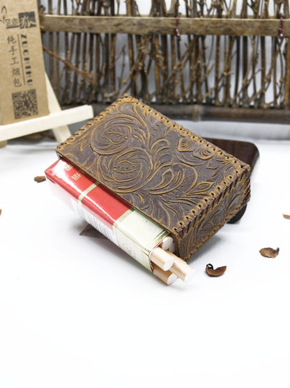 Cool Cigarette Holder Handmade Leather Mens Coffee Floral Cigarette Holder Cases for Men