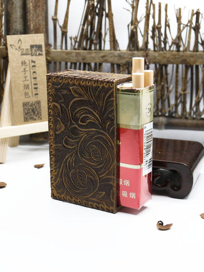 Cool Cigarette Holder Handmade Leather Mens Coffee Floral Cigarette Holder Cases for Men