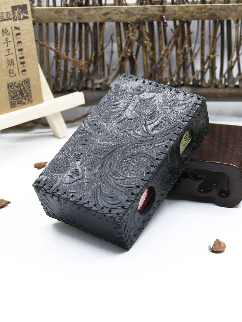 Cool Cigarette Holder Handmade Leather Mens Black Floral Cigarette Holder Cases for Men