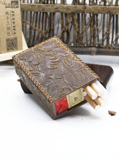 Handmade Leather Cigarette Holder Mens Engraved Floral Cigarette Holder Case for Men