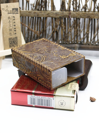 Handmade Leather Cigarette Holder Mens Engraved Floral Cigarette Holder Case for Men