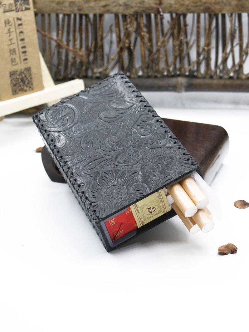 Cool Handmade Leather Mens Floral Engraved Black Cigarette Holder Case for Men