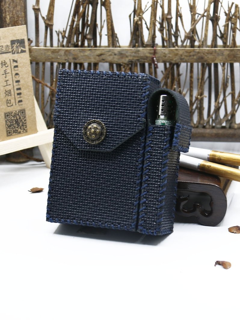 Cool Handmade Leather Mens Dark Blue Cigarette Holder Case with Lighter holder for Men