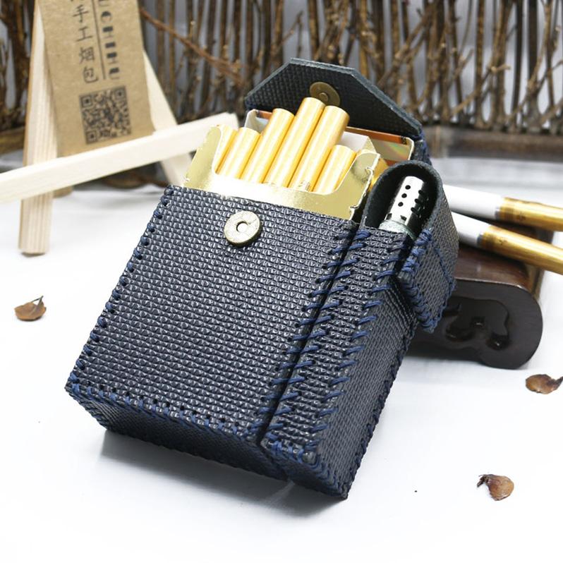 Cool Handmade Leather Mens Dark Blue Cigarette Holder Case with Lighter holder for Men