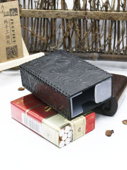 Cool Handmade Leather Mens Floral Engraved Black Cigarette Holder Case for Men