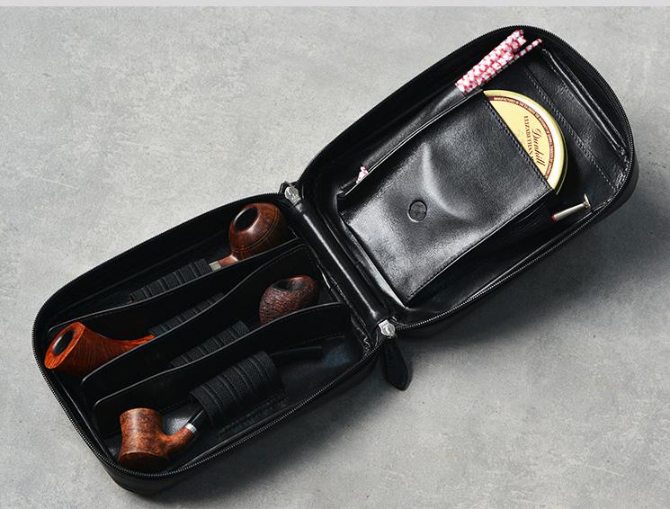 Cool Leather Black Mens Leather 4pcs Tobacco Pipe Case Zipper Tobacco Pipe Case for Men