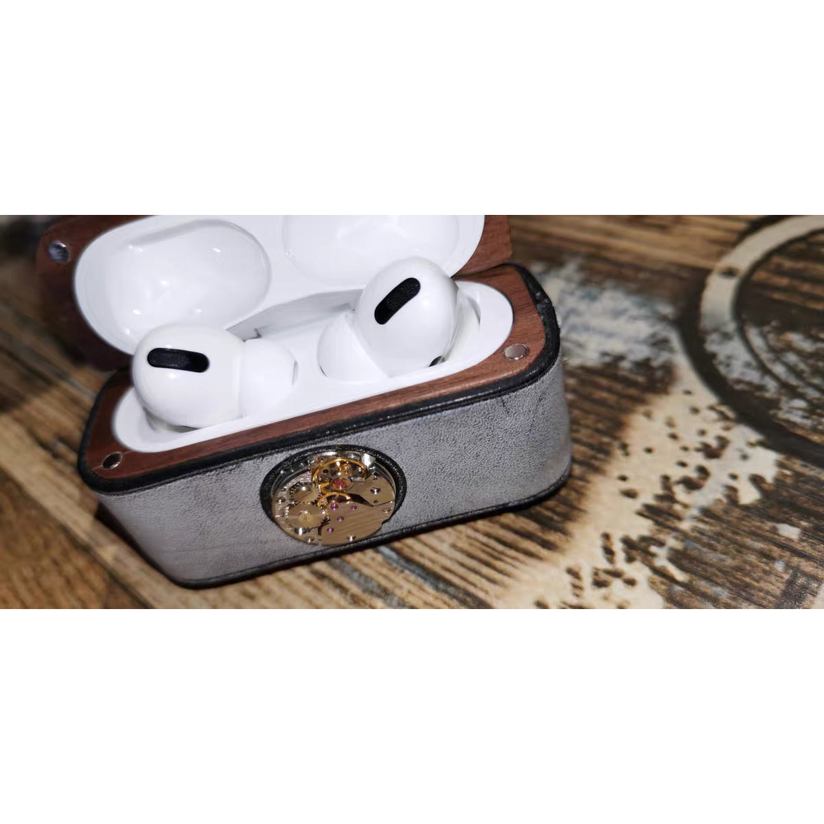 Leather Wood AirPods Pro Case with Silver Watch Movement Handmade Custom Leather AirPods Pro Case Airpod Case Cover