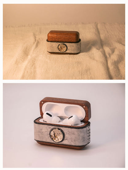 Leather Wood AirPods Pro Case with Gold Watch Movement Handmade Custom Leather AirPods Pro Case Airpod Case Cover