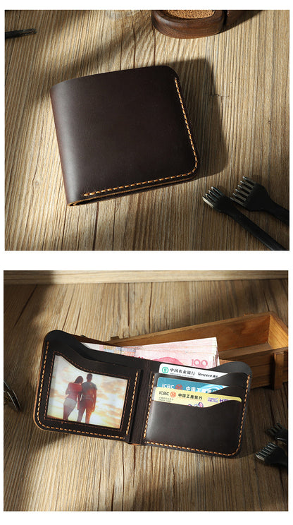 Handmade Slim Coffee Leather Mens Billfold Wallet Personalize Bifold Small Wallets for Men