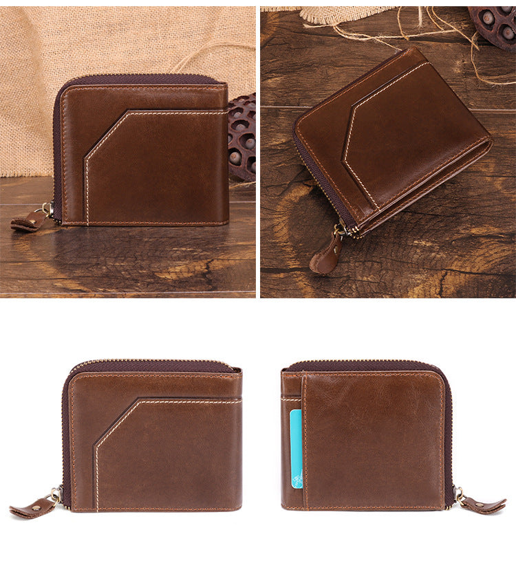 Cool Brown Small Zipper MENS LEATHER Brown Bifold Wallet SLIM billfold Brown Wallet FOR MEN