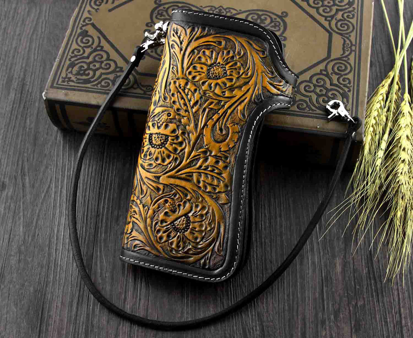 Handmade Tooled Black Leather Mens Biker Chain Wallet Long Biker Wallet with Chain for Men