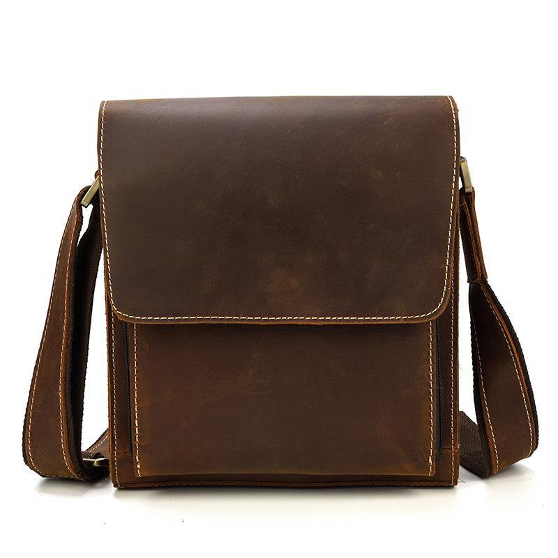 Brown Leather Messenger Bag Men's Vertical Side Bag Small Vertical HandBag Courier Bag For Men