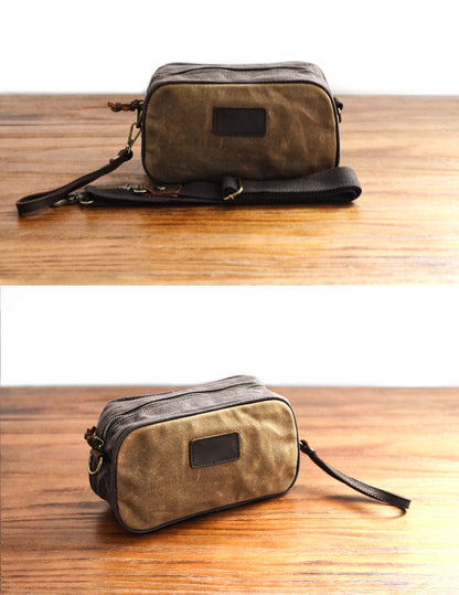 Mens Khaki Waxed Canvas Dopp Kit Mini Messenger Bag Canvas Toiletry Bag for Men