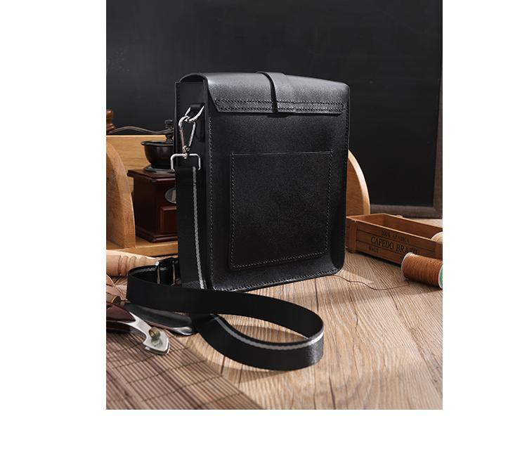 Handmade Black LEATHER MENs Vertical Messenger Bag Black Small Side Bag FOR MEN