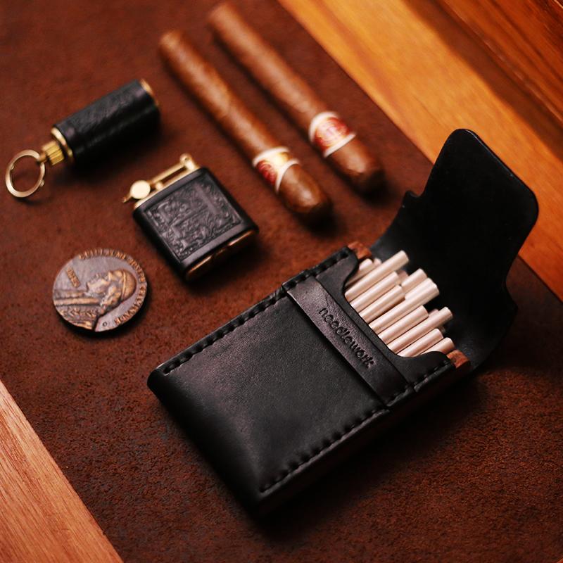 Cool Wooden Black Leather Mens Cigarette Case Custom Cigarette Holder for Men