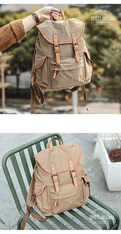 Khaki Retro Canvas Mens Womens Travel Backpack College Backpack Green Canvas School Backpack For Men