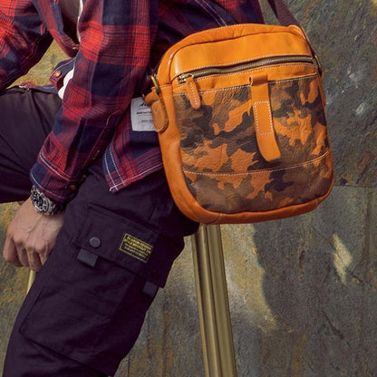 Yellow Cool Leather Mens Camouflage Vertical Side Bag Small Messenger Bags Casual Bicycle Bags for Men