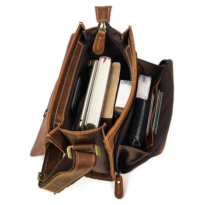 Brown Leather Messenger Bag Men's Vertical Side Bag Small Vertical HandBag Courier Bag For Men