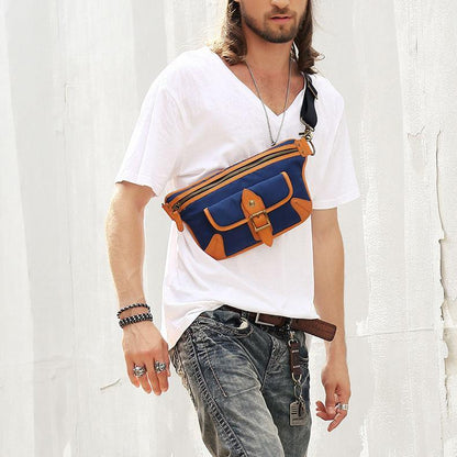 Casual Blue Nylon Leather Fanny Pack Men's Chest Bag Hip Bag Waist Bag For Men